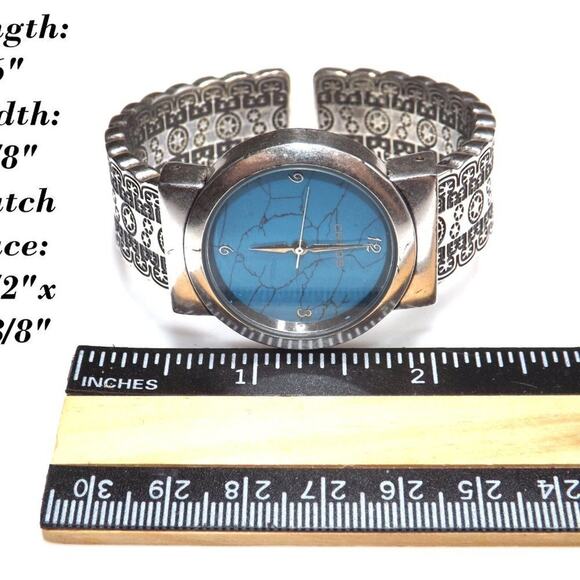 Chico's Cuff Watch, Turquoise Face, Silver Tone Engraved Band, Japanese Movement - Picture 9 of 12
